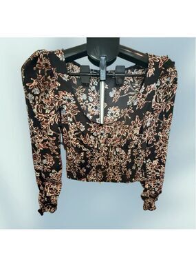 Free People Brown Leaf & Floral Pattern Smocked Waist Bank Blouse  XS